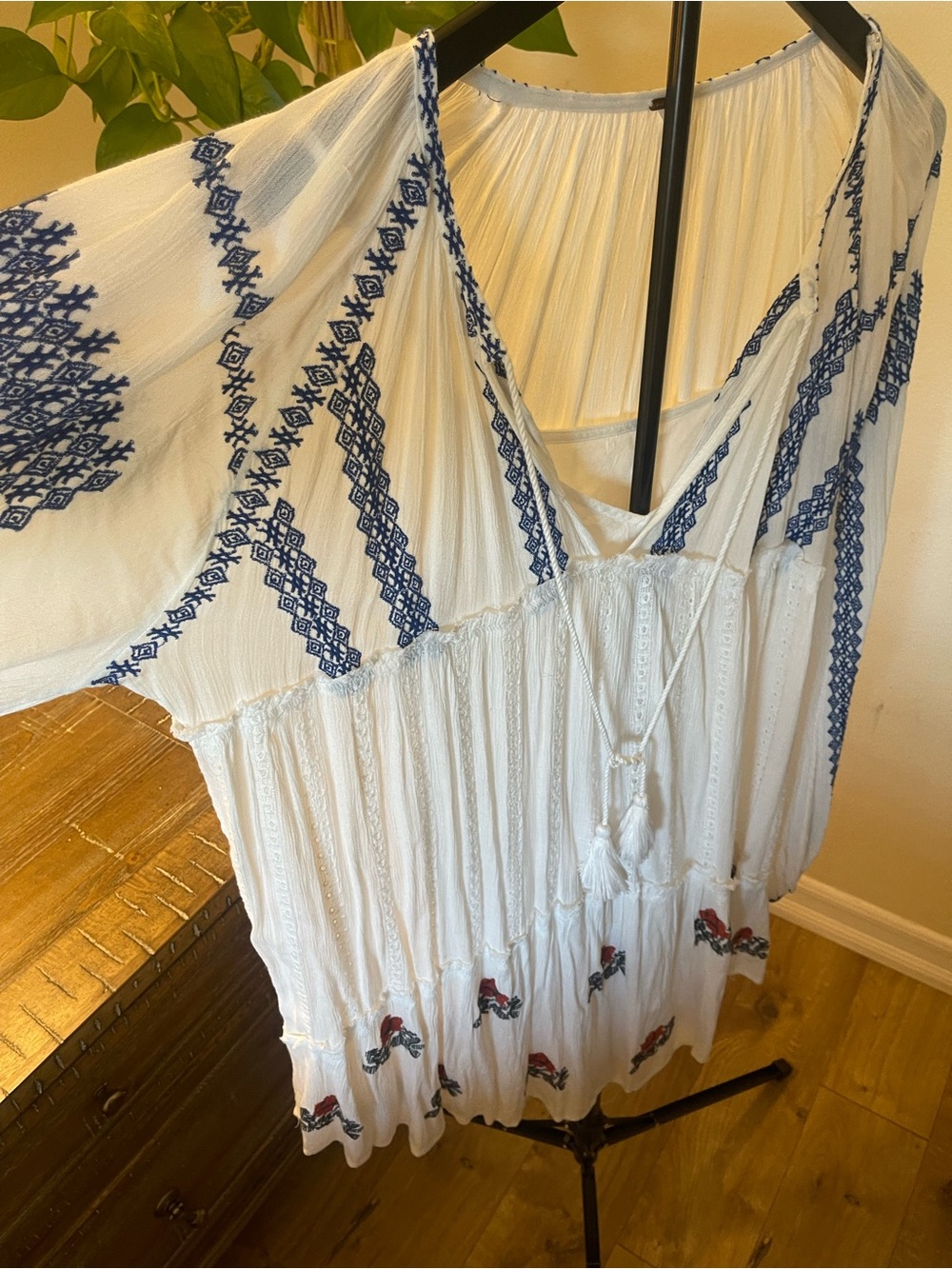Free People Wild Horses White Mini Dress with Navy Embroidery - Picture 5 of 10